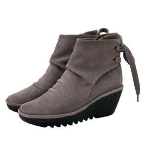 Fly London Yama Wedge Boots Women's SZ 38 Gray Suede Slouchy Lagenlook Comfort